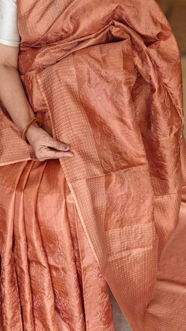 Golden rust embroidered silk saree - 733C