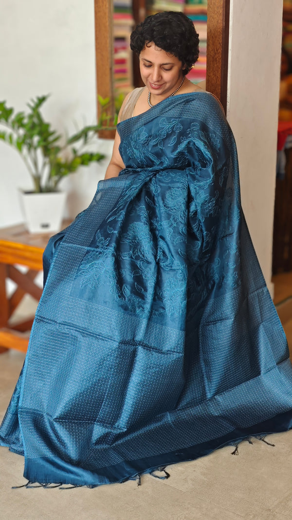 Azure Blue Embroidered Silk Saree - 733C