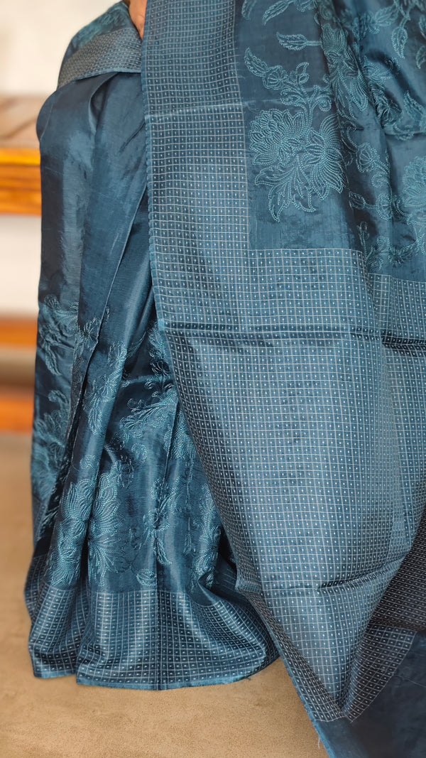 Azure Blue Embroidered Silk Saree - 733C