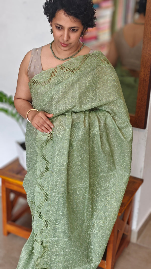 Seafoam Green Cutwork Tepchi Kota Saree