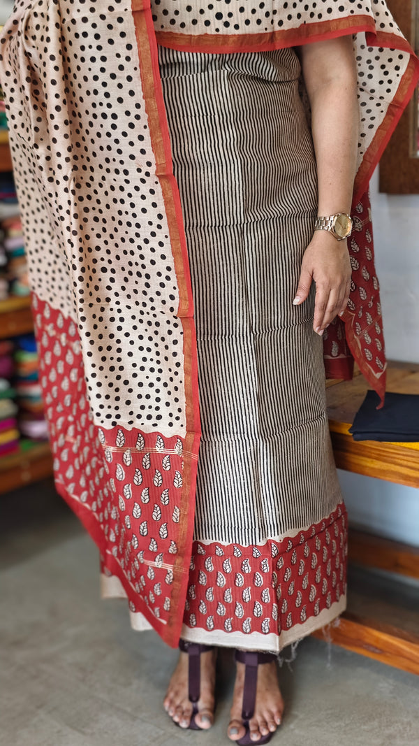 Black and beigh striped Chanderi Silk Suit - MC059