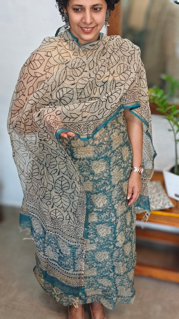Teal blue and beige Kota doria Suit - GD331