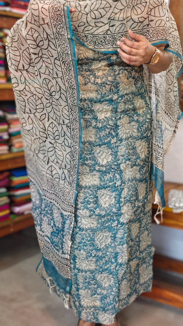 Teal blue and beige Kota doria Suit - GD331