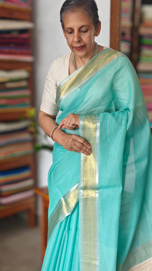 Mint Green Linen Silk Saree - DR42