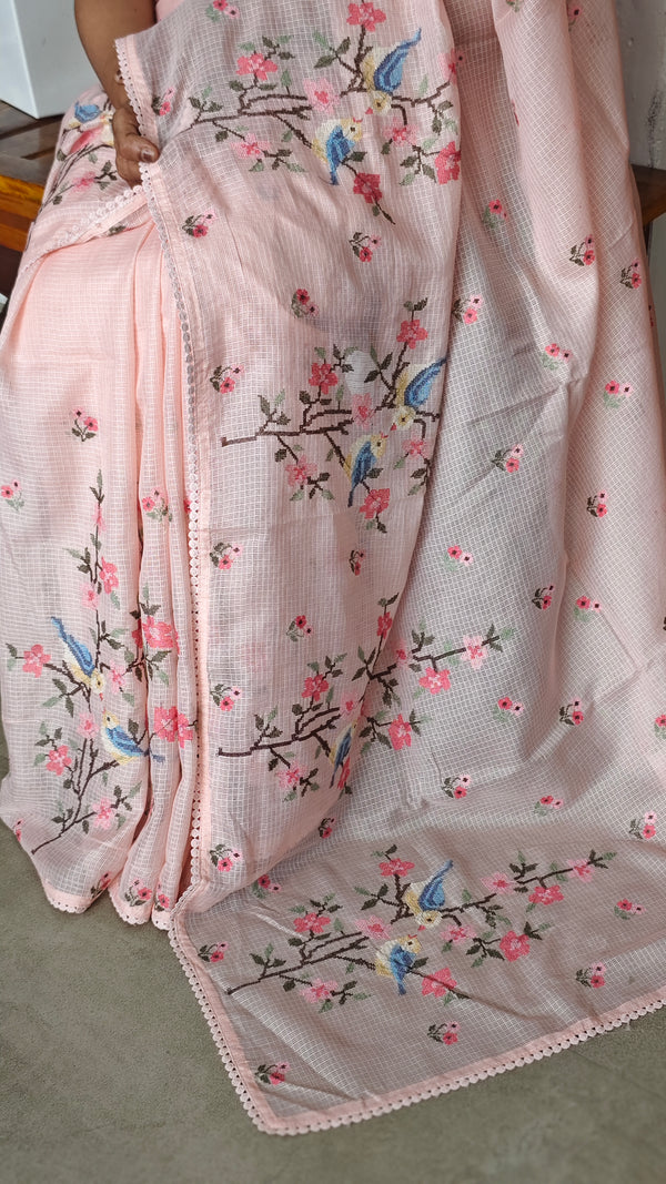 Pink Silky Kota Cross Stitch Embroidered Saree - SKC5