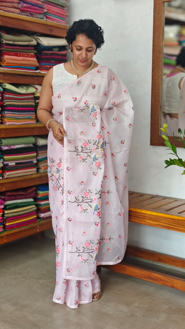 Lilac Silky Kota Cross Stitch Embroidered Saree - SKC5