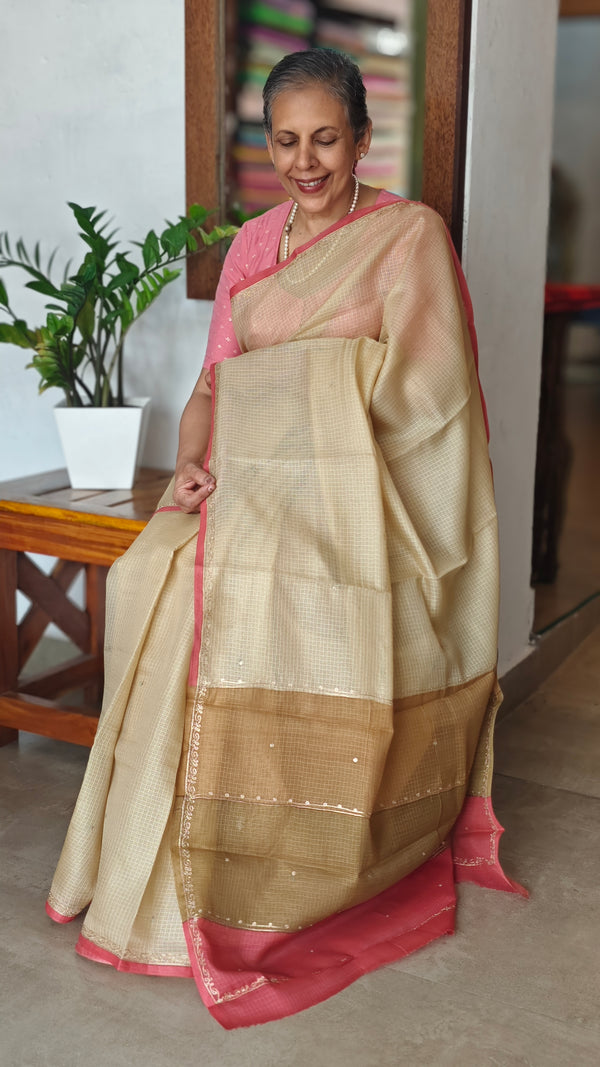 Beige Kota Saree with Pita Embroiderey - EMR4
