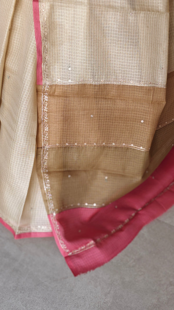 Beige Kota Saree with Pita Embroiderey - EMR4