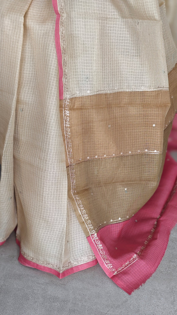 Beige Kota Saree with Pita Embroiderey - EMR4
