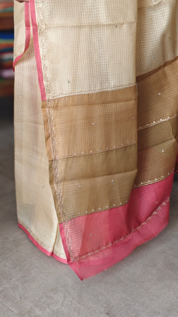 Beige Kota Saree with Pita Embroiderey - EMR4