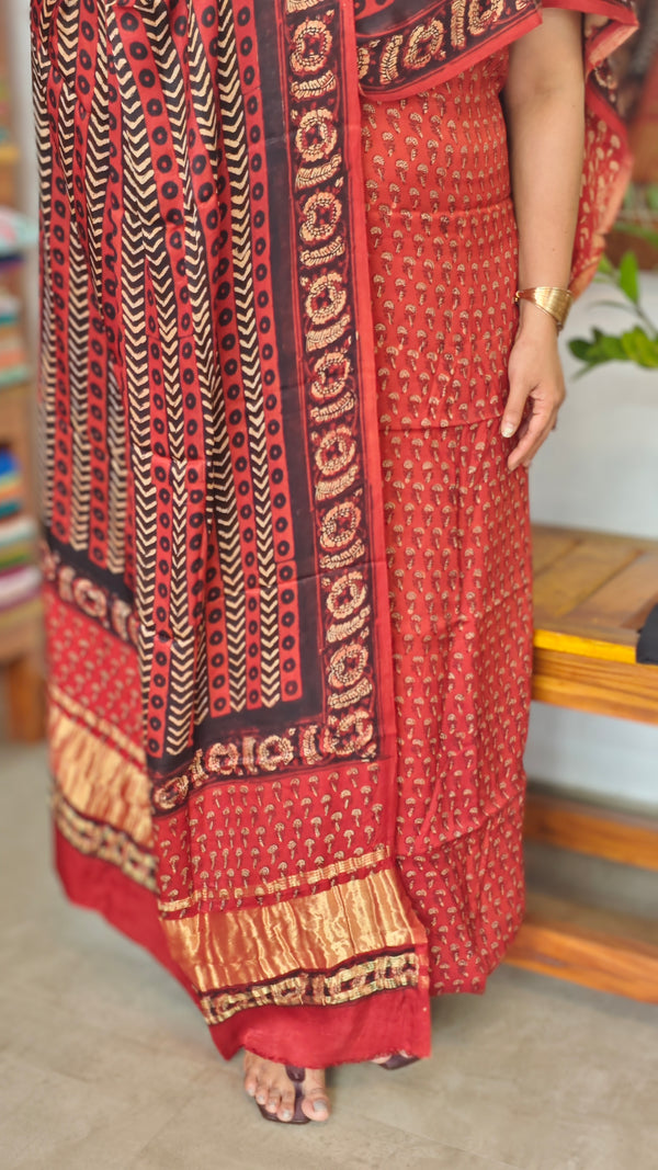 Red Ajrakh Printed Modal Silk Suit
