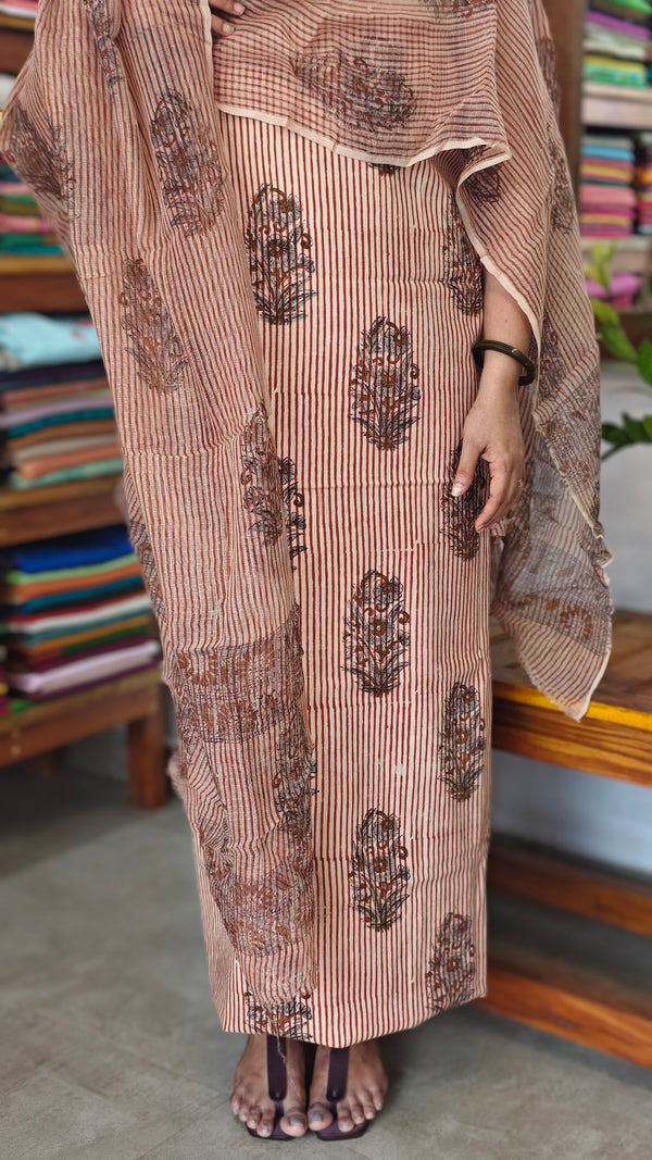 Brown block printed cotton suit with kota doria dupatta