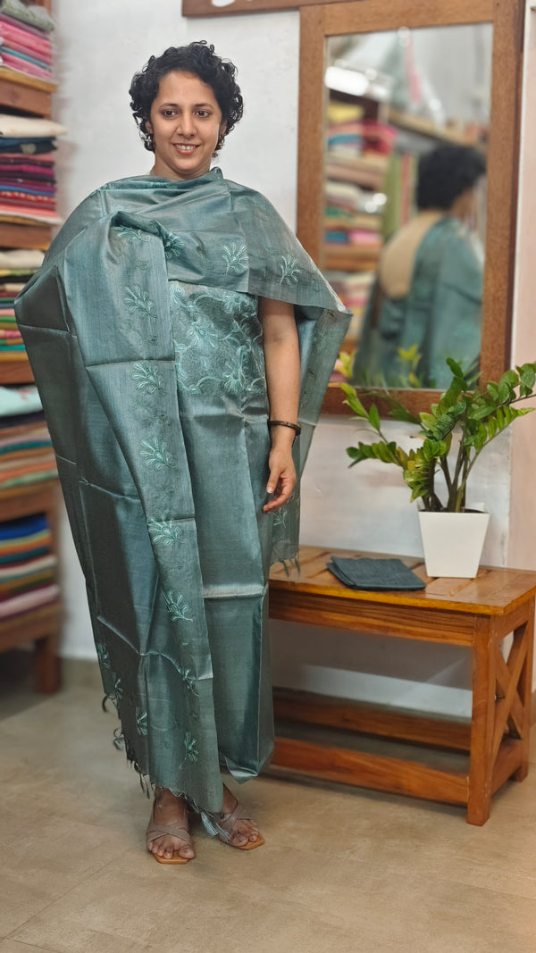 Turquoise Embroidered Tussar Silk Suit