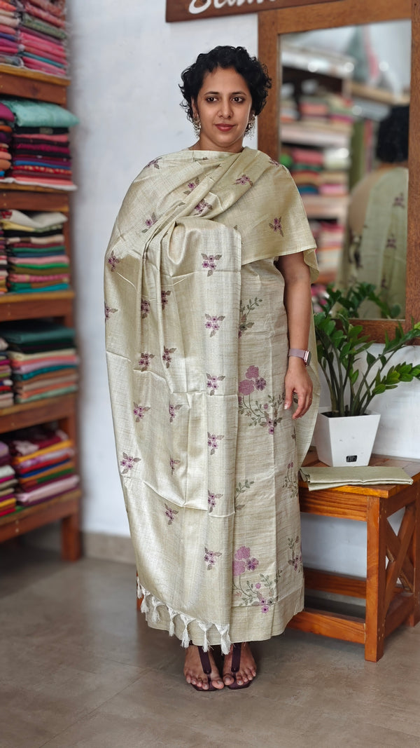 Sandy Beige Cross Stitch Embroidered Semi Tussar Suit - MTV6- NM3