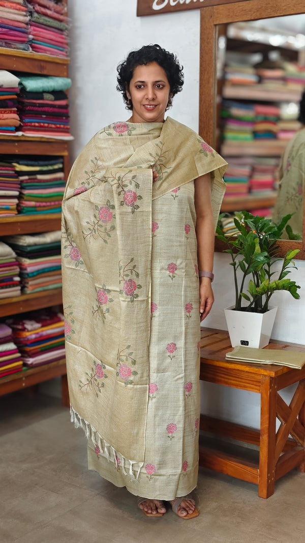 Sandy Beige Cross Stitch Embroidered Semi Tussar Suit - MTV6 - 2Q6
