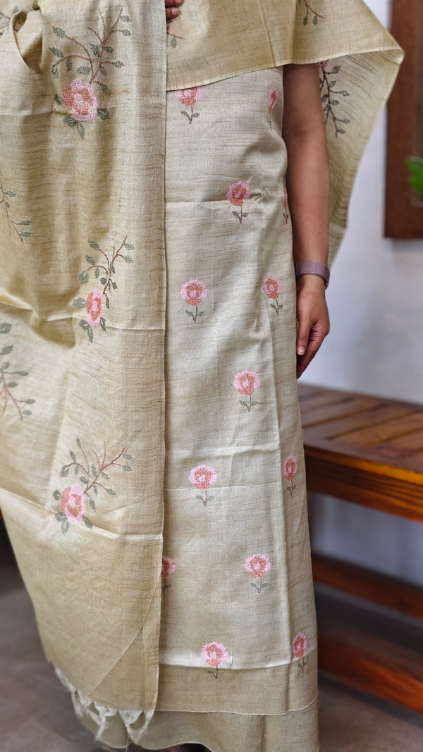Sandy Beige Cross Stitch Embroidered Semi Tussar Suit - MTV6 - AM8