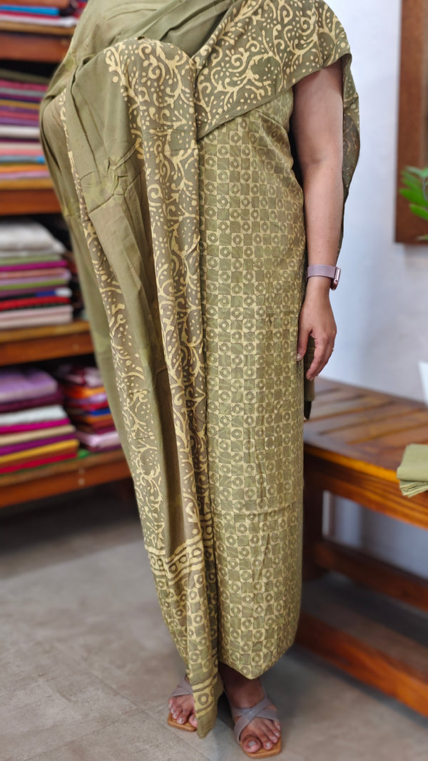 Olive Green Block Printed Modal Cotton Suit