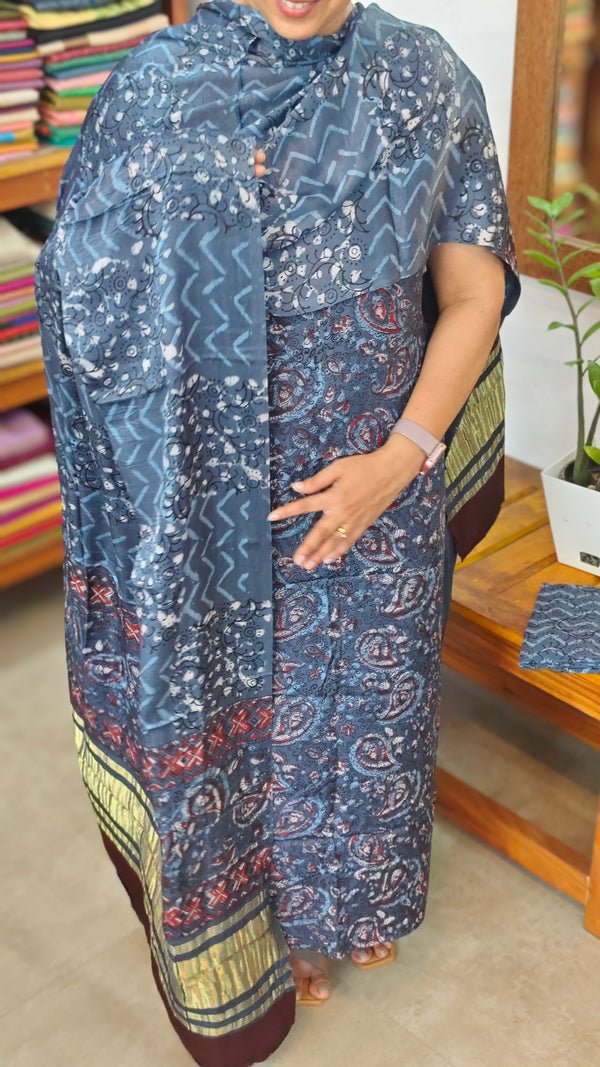 Blue Ajrakh Printed Modal Silk Suit