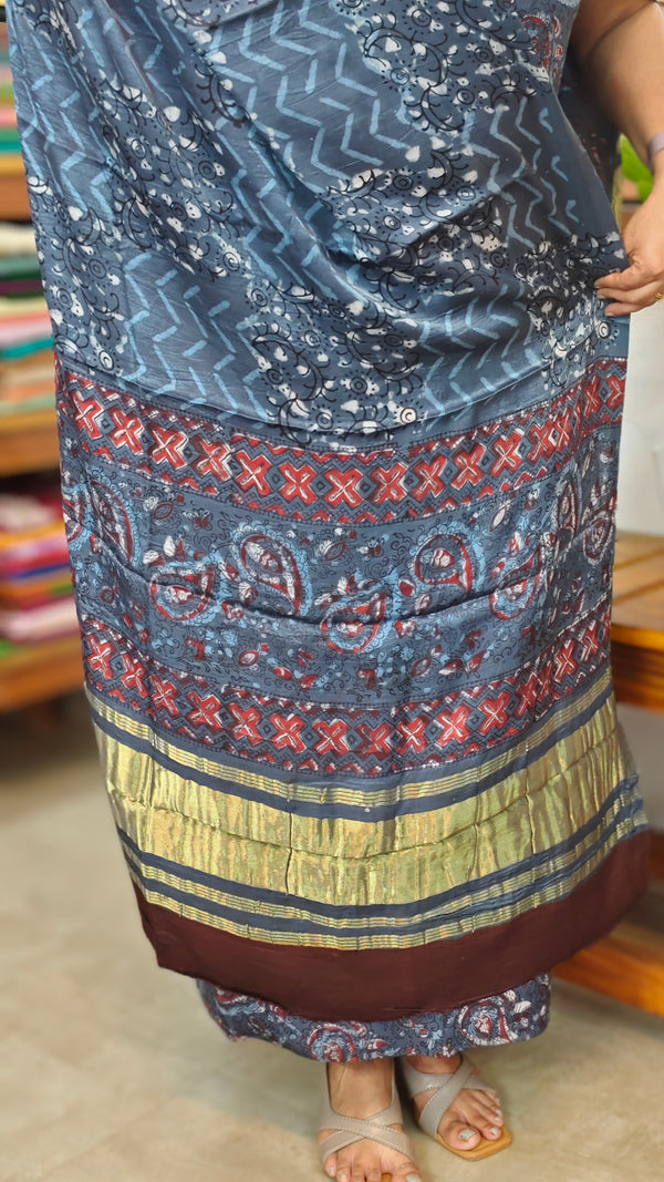 Blue Ajrakh Printed Modal Silk Suit