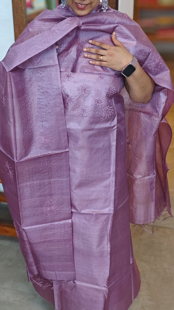 Lavender Embroidered Tussar Silk Suit