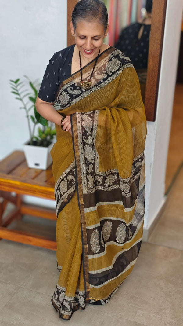 Mustard and black kota doria Saree - SQ39