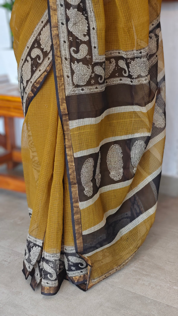 Mustard and black kota doria Saree - SQ39