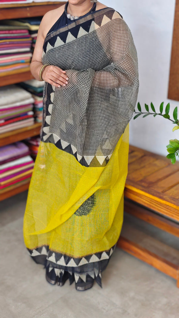 Black and Mustard Yellow Kota Doria Saree - SQ39