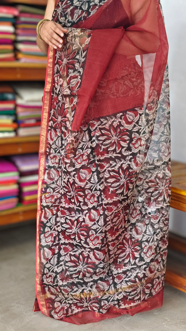 Maroon Kota Doria with Floral Block Print - SQ39