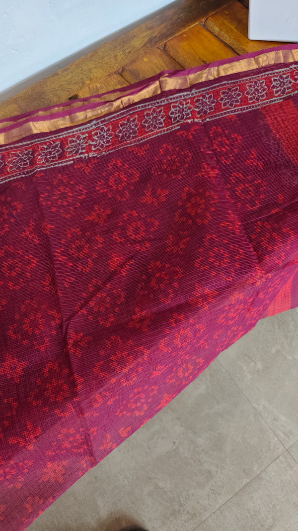 Red and pink Kota doria Saree with ajrakh prints - SQ39