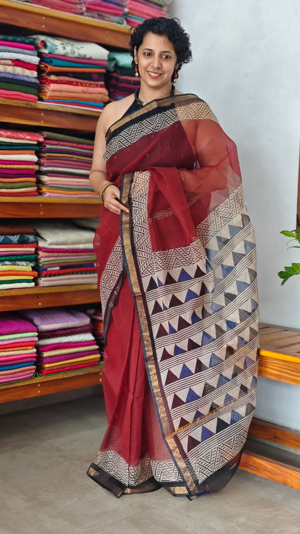 Dark Maroon and Black Kota Doria Saree - SQ39