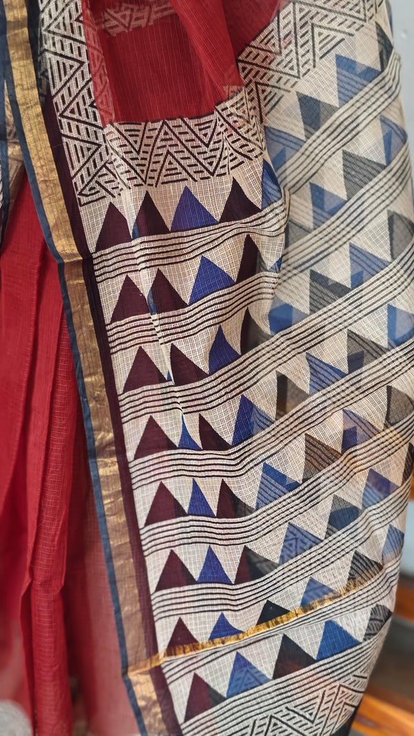 Dark Maroon and Black Kota Doria Saree - SQ39