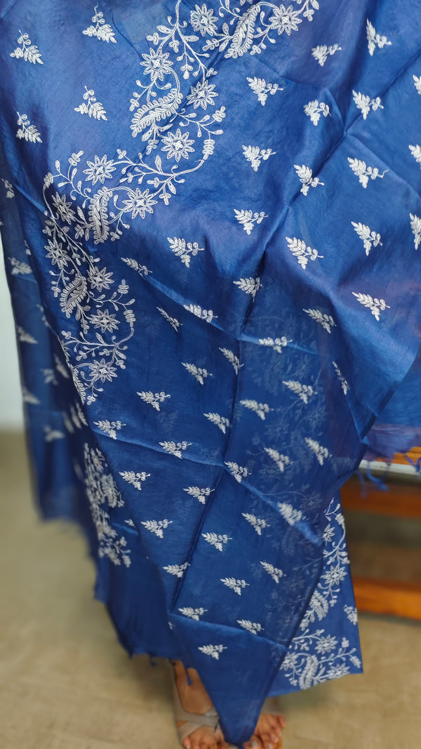 Classic Blue Embroidered Tussar silk Suit - 91SA