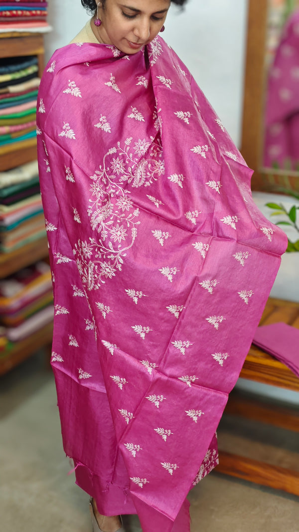 Magenta Embroidered Tussar Silk Suit - 91SA