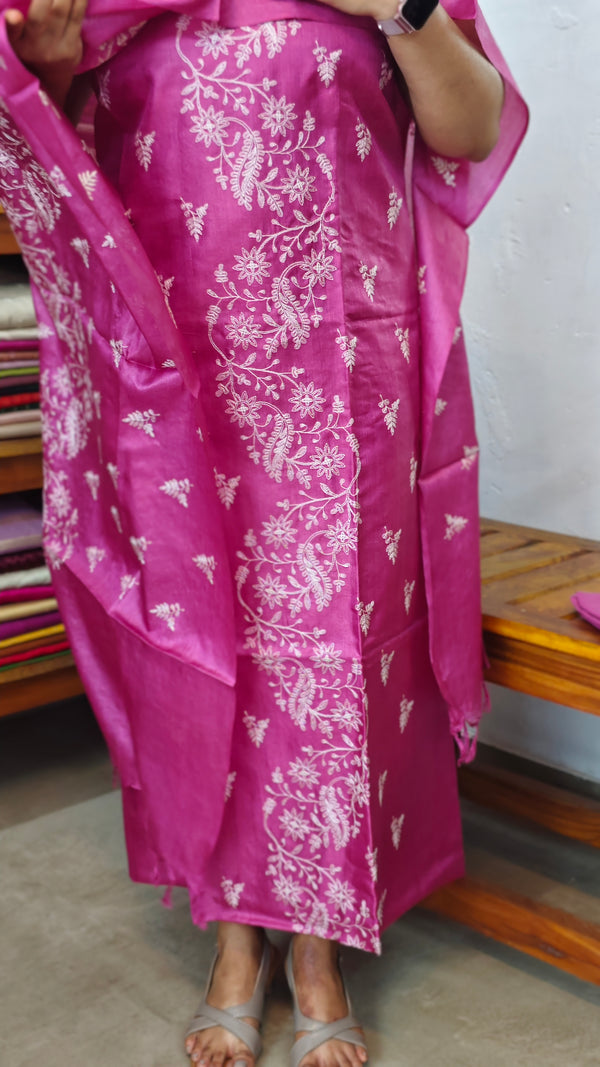 Magenta Embroidered Tussar Silk Suit - 91SA