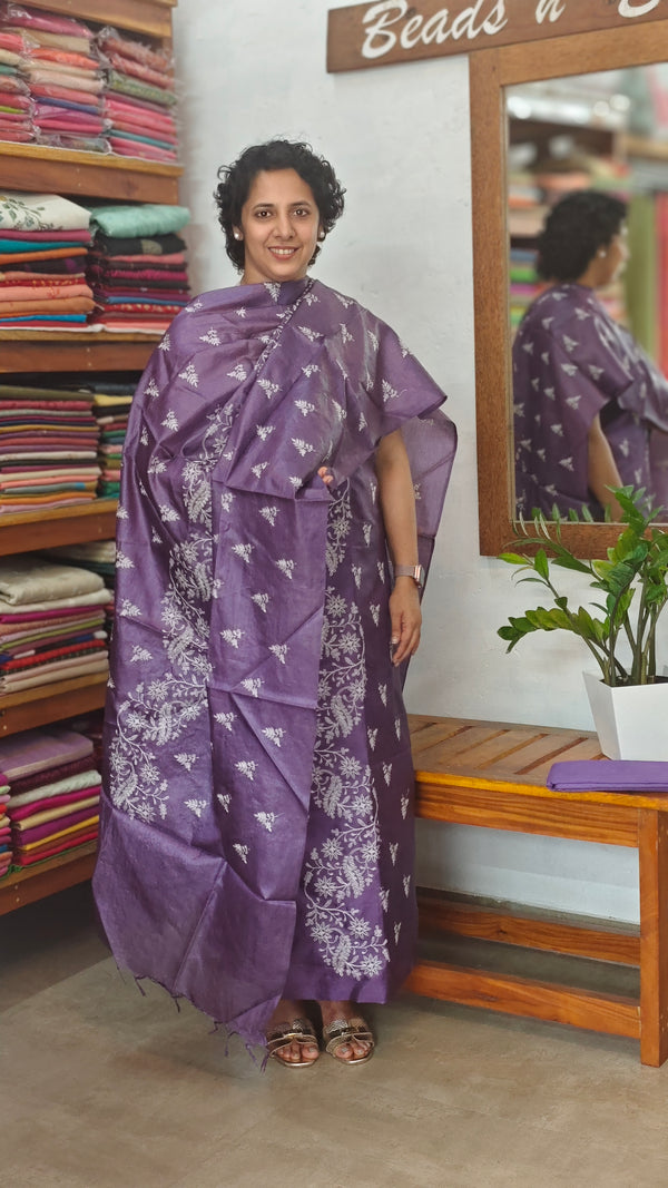 Deep Violet Embroidered Tussar Silk Suit - 91SA