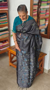Black Pure Tussar Silk Saree with Cross Stitch Embroidery - 290V