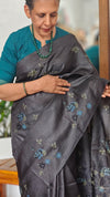 Black Pure Tussar Silk Saree with Cross Stitch Embroidery - 290V