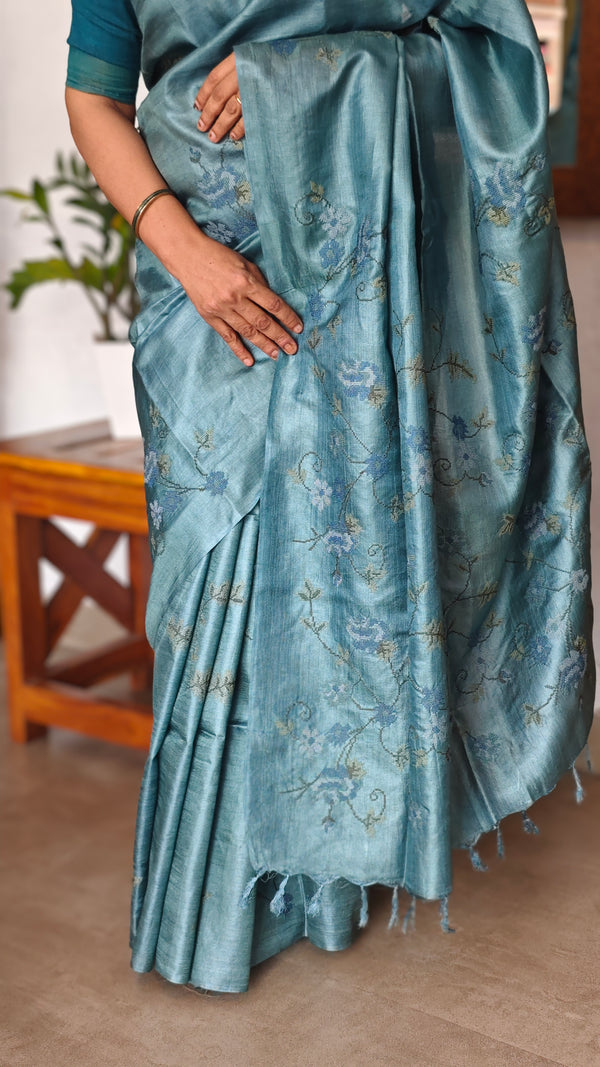 Turquoise Pure Tussar Silk Saree with Cross Stitch Embroidery Saree - 290V