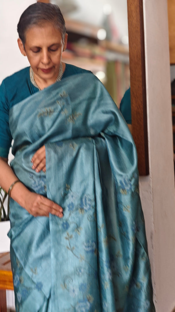 Turquoise Pure Tussar Silk Saree with Cross Stitch Embroidery Saree - 290V