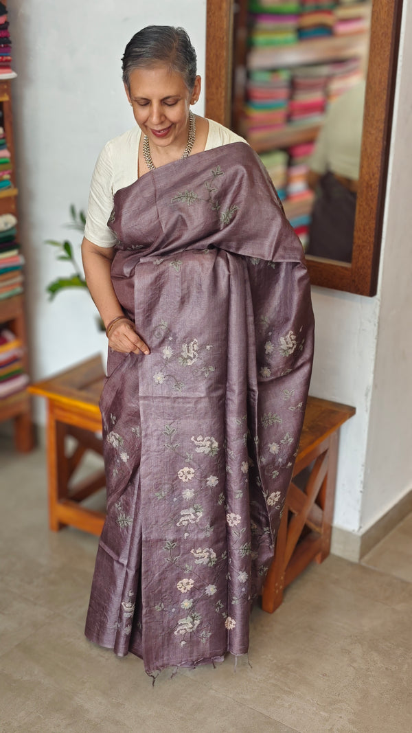 Deep Mauve Pure Tussar Silk Saree with Cross Stitch Embroidery - 290V