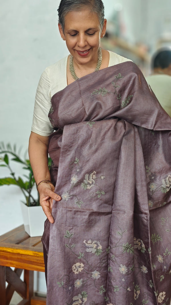 Deep Mauve Pure Tussar Silk Saree with Cross Stitch Embroidery - 290V