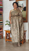 Taupe Pure Tussar Silk Saree with Cross Stitch Embroidery - 290V