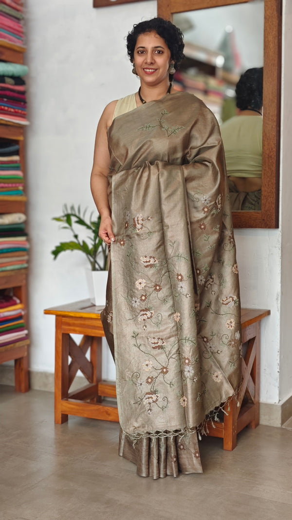 Taupe Pure Tussar Silk Saree with Cross Stitch Embroidery - 290V