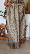 Taupe Pure Tussar Silk Saree with Cross Stitch Embroidery - 290V