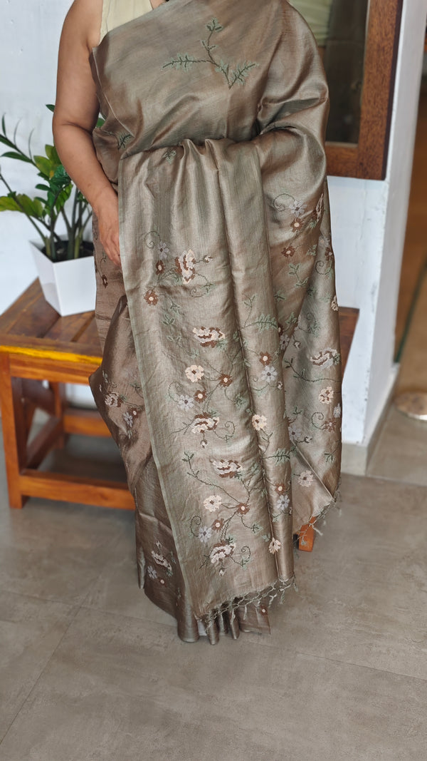 Taupe Pure Tussar Silk Saree with Cross Stitch Embroidery - 290V