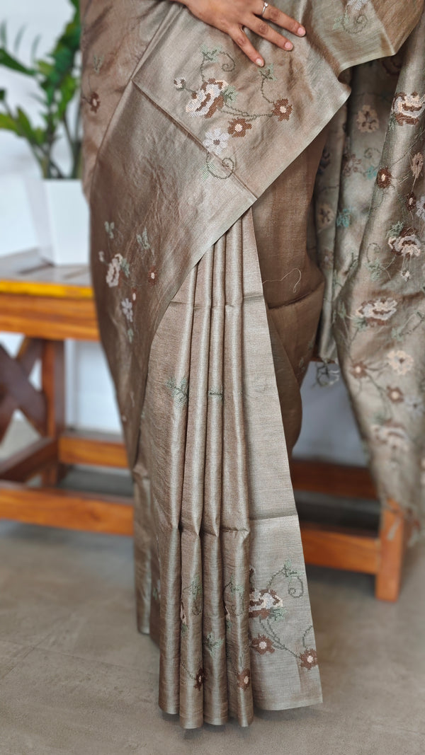 Taupe Pure Tussar Silk Saree with Cross Stitch Embroidery - 290V