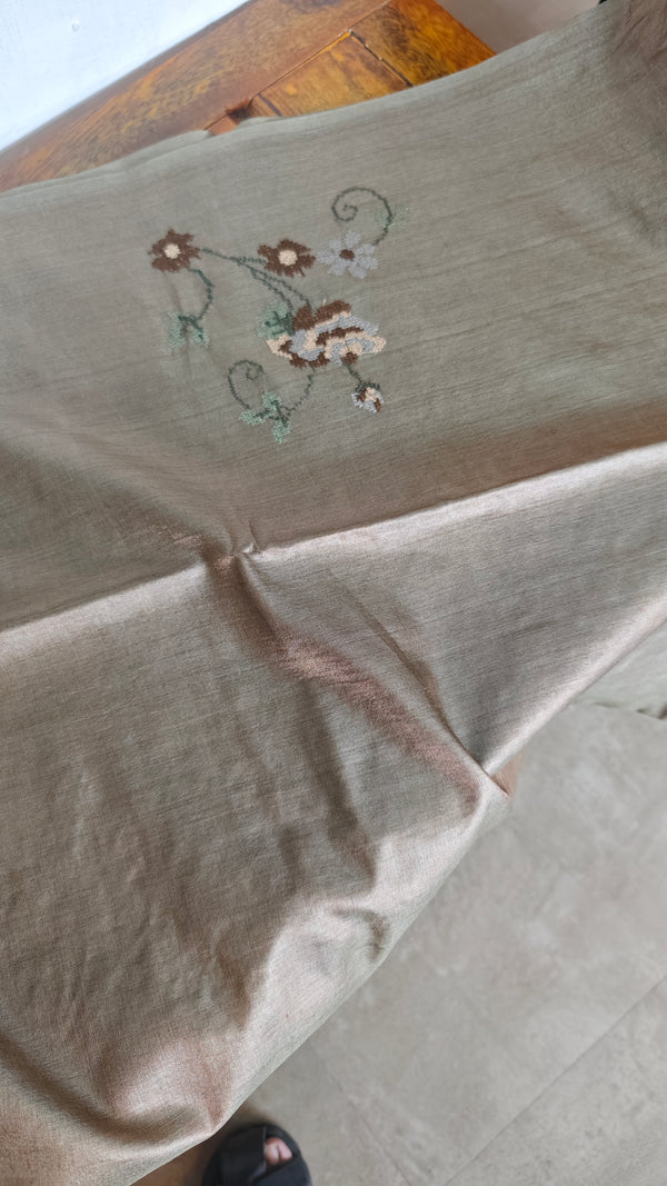 Taupe Pure Tussar Silk Saree with Cross Stitch Embroidery - 290V