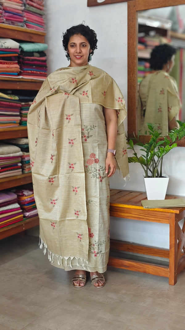 Sandy Beige Semi Tussar Suit with Cross Stitch Embroidery - MTV6 - 2Q6