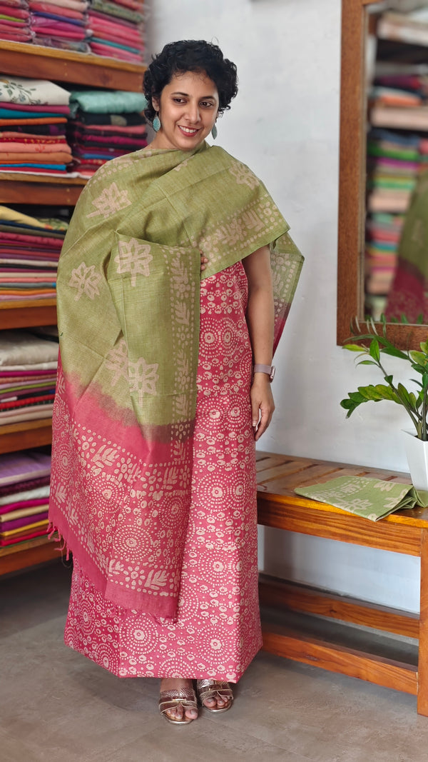 Pink and Olive Green Batik Printed Suit