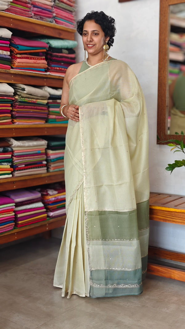 Light Pista Green Kota Saree with Pita Embroidery - EMR4